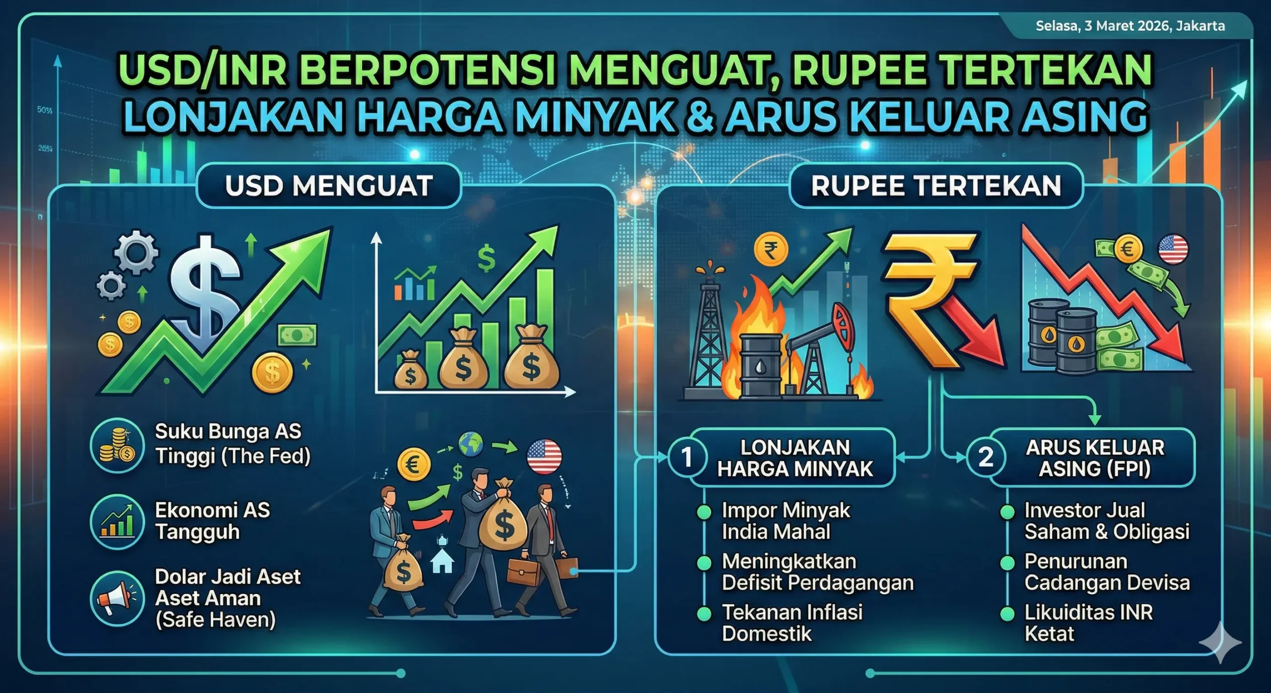 USD/INR Berpotensi Menguat, Rupee Tertekan Lonjakan Harga Minyak dan Arus Keluar Asing