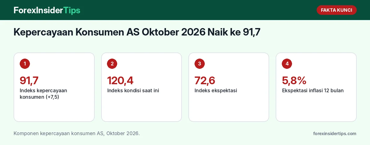 Fakta kunci: Kepercayaan Konsumen AS Oktober 2026 Naik ke 91,7: Ekspektasi Inflasi 5,8% dan Dampaknya ke Dolar Menjelang FOMC