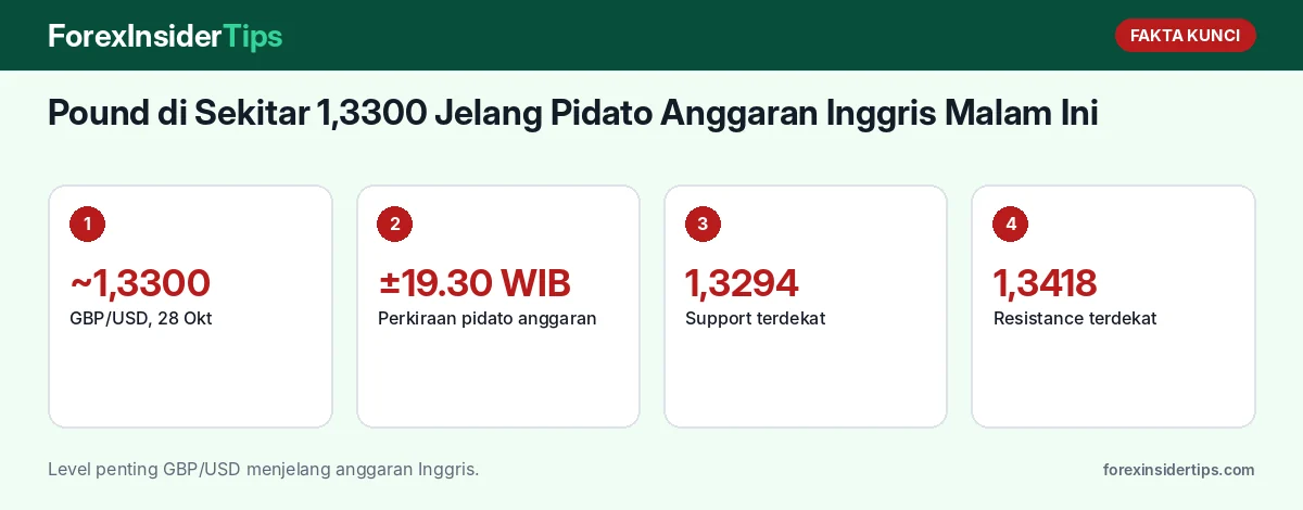 Fakta kunci: Pound di Sekitar 1,3300 Jelang Pidato Anggaran Inggris Malam Ini: Jam Rilis WIB, Isu yang Ditunggu, dan Level Penting GBP/USD