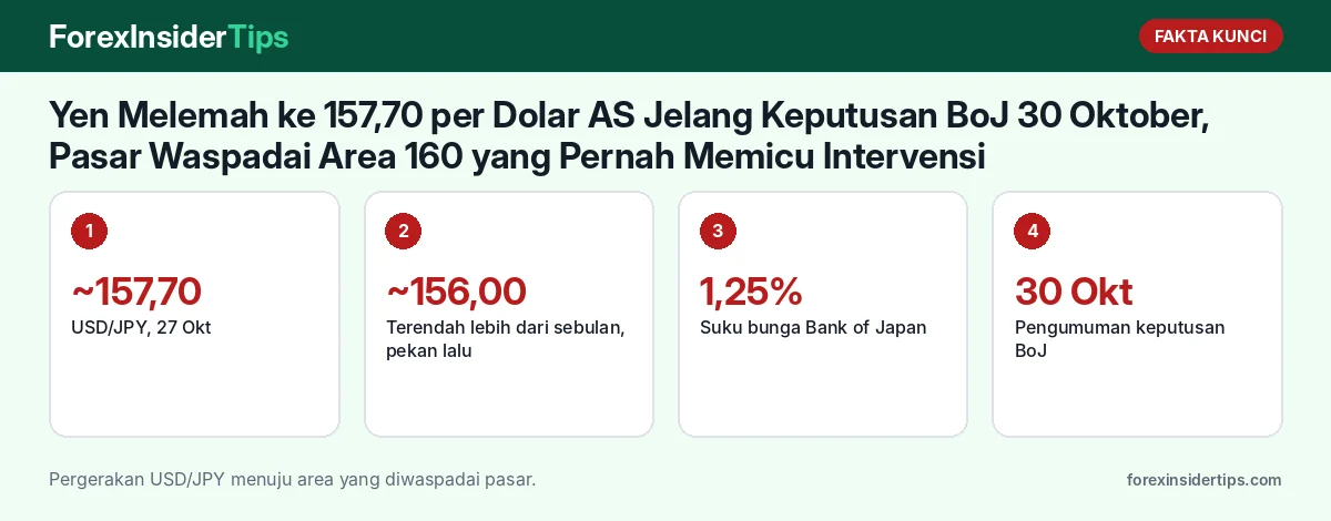 Fakta kunci: Yen Melemah ke 157,70 per Dolar AS Jelang Keputusan BoJ 30 Oktober, Pasar Waspadai Area 160 yang Pernah Memicu Intervensi